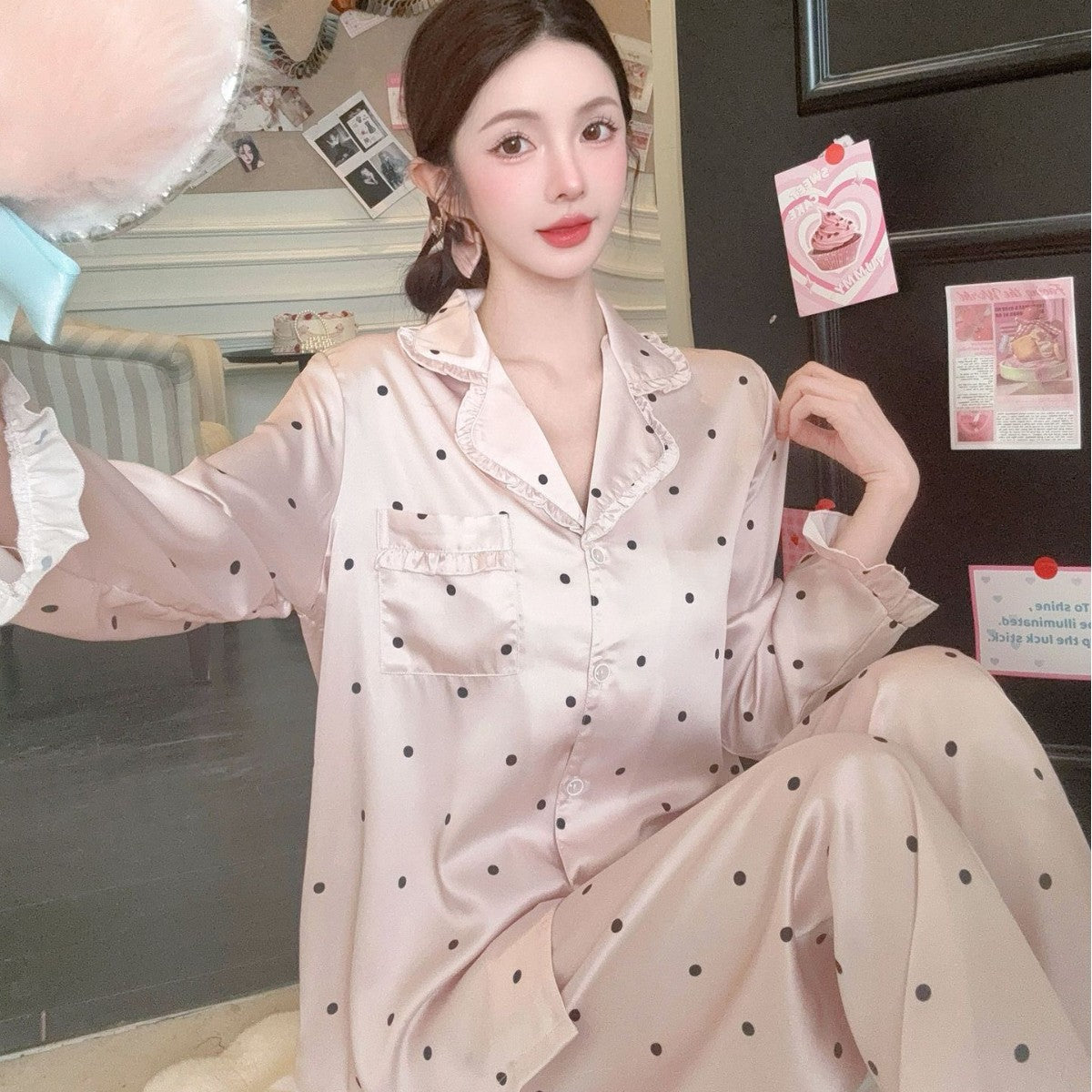 Blush Dots Satin Lounge Set